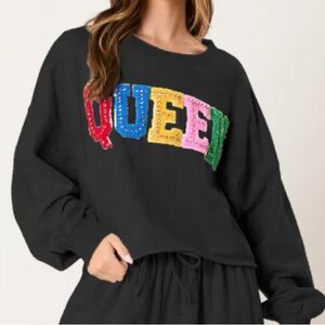 Peach Love California QUEEN Rhinestone Black Cropped‎ Oversized Sweatshirt